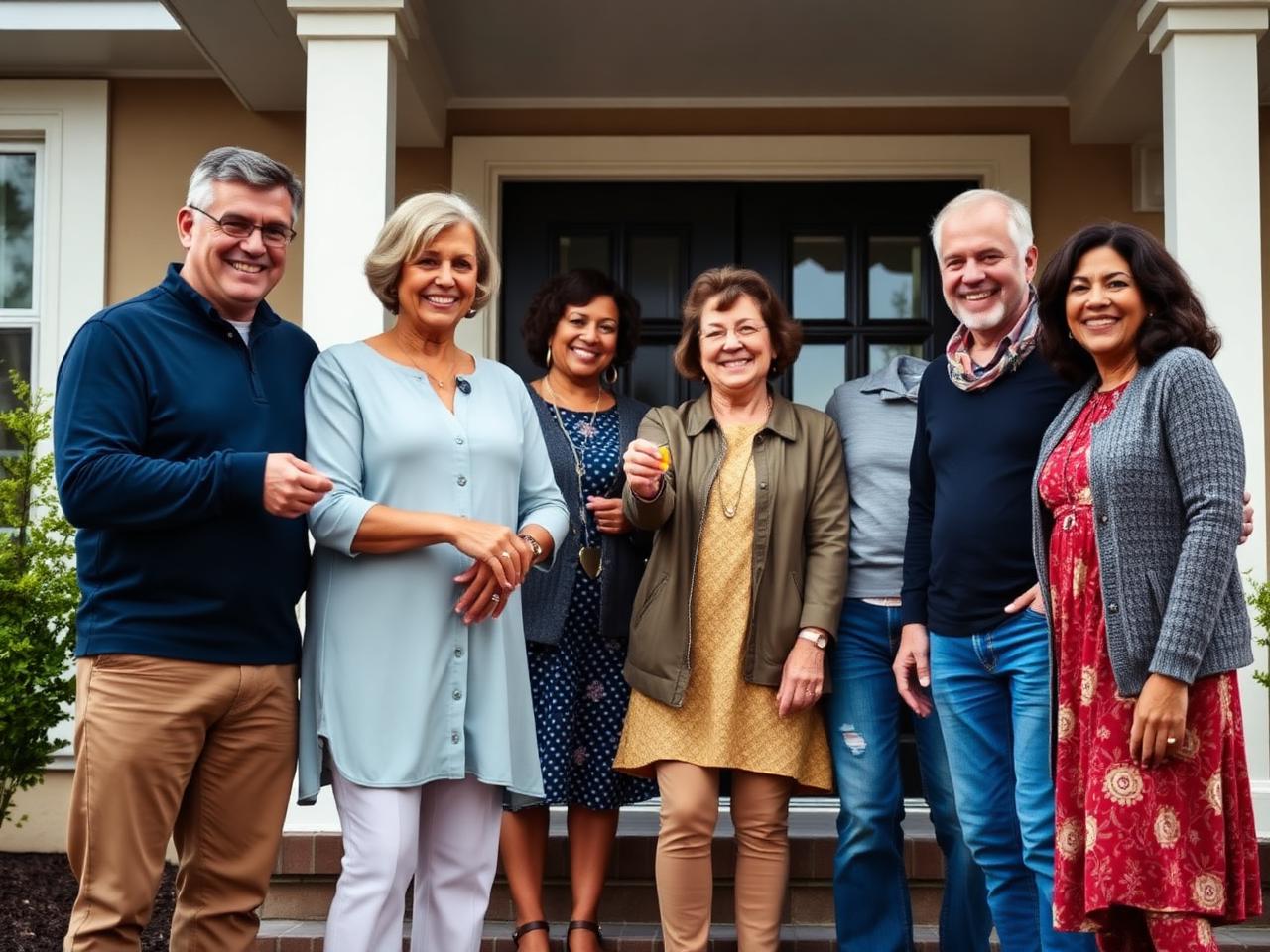 Una familia multigeneracional diversa celebrando frente a su nueva casa